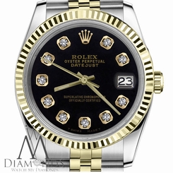Ladies Rolex 31mm Datejust2Tone Black Color Dial with Diamonds