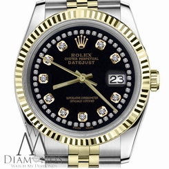  Diamond String Black Mens Rolex 36mm Datejust 18K SS 2Tone Jubilee Fluted Bezel