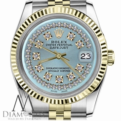 Ice Blue Mens Rolex 36mm Datejust 18K/SS 2Tone String Diamond Dial Jubilee Watch