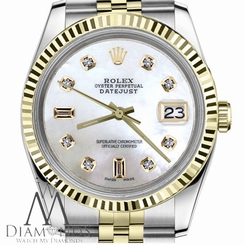 Emerald Cut Diamonds Womens Rolex 26mm Datejust 2Tone White MOP Mother Of Pearl