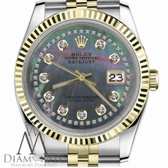 Ladies Rolex 31mm Datejust2Tone Black MOP Mother of Pearl String Diamond Accent