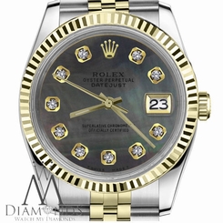 Rolex 26mm Datejust 18K Gold 2Tone Tahitian Black MOP Mother Of Pearl w Diamonds
