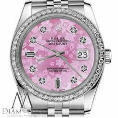 Pink Flower Mother of Pearl Womens Rolex 26mm Datejust w/ Diamond Bezel SS