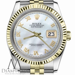 Mens Rolex 36mm Datejust2Tone White MOP Mother Of Pearl Roman Numeral Dial