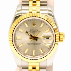   Authentic Rolex Date Just Ladies Wrist Watch Automatic 18k Yellow Gold Silver F