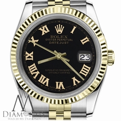 18K/SS 2Tone Mens Rolex 36mm Datejust Black Roman Numeral Dial Jubilee Watch
