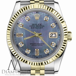 Rolex 36mm Datejust 2Tone Tahitian MOP Mother of Pearl 8+2 Diamond Men's Watch