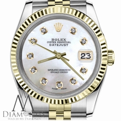 Ladies Rolex 31mm Datejust2Tone White MOP Mother of Pearl Dial with Diamond