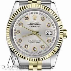 Ladies Rolex 31mm Datejust2Tone Silver Color String Diamond Accent Dial