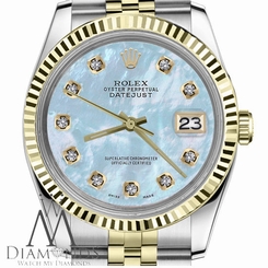 Rolex 26mm Women's Datejust 18K / SS 2Tone Blue Mother Of Pearl Dial w Diamonds