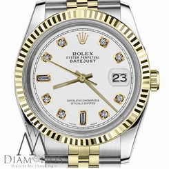 White Mens Rolex 36mm Datejust 18K Yellow Gold SS 2Tone 8+2 Emerald Cut Diamonds