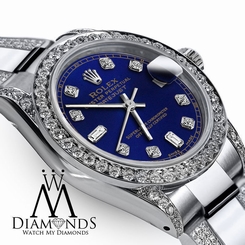 Ladies 26mm Rolex s/s Oyster Perpetual Datejust Custom diamonds Blue Color dial