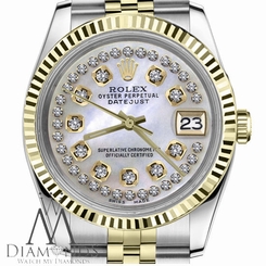 Men`s Rolex 36mm Datejust2Tone  White MOP Mother Of Pearl String Diamond Dial