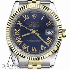 Rolex Classic Fluted 31mm Datejust 18K Gold & SS 2Tone Navy Blue Roman Numeral