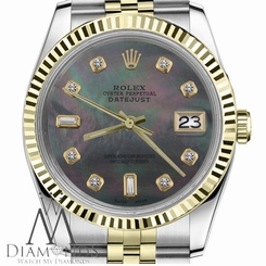 18K/SS 2Tone Women's Rolex 26mm Datejust Black MOP Mother Of Pearl w 8+2 Diamond
