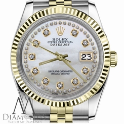  Men`s Rolex 36mm Datejust2Tone White MOP Mother of Pearl String Diamond Dial