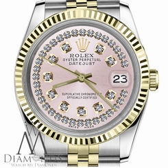 Rolex Baby Pink 31mm Datejust 2Tone String Diamond Dial 18K Yellow Gold & Steel
