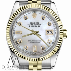 Men`s Rolex 36mm Datejust2Tone White MOP Mother Of Pearl Dial Diamond Accent