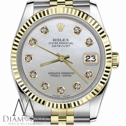 Diamond 18K/SS Rolex 26mm Datejust White MOP Mother Of Pearl Dial Jubilee Watch