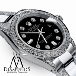  Ladies 26mm Rolex S/S TEEL Oyster Perpetual Datejust Custom Diamonds Black Dial 