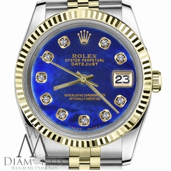 Rolex 31mm Datejust 2Tone Blue Color Treated MOP Mother Of Pearl Diamond Numbers