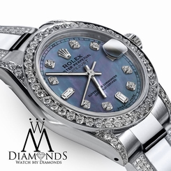Ladies 26mm Rolex Oyster Perpetual Datejust Custom Blue Diamond Dial Stainless