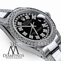  Women's 26mm Rolex Oyster Perpetual Datejust Custom Black String Diamonds Dial
