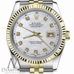 Mens Rolex 36mm Datejust2Tone White MOP Mother of Pearl Dial with Diamond