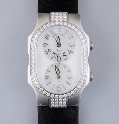 Philip Stein Teslar Chip 72 Diamond Bezel Steel Watch Dual Timezone MOP Oprah