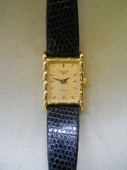 LONGINES ladies wristwatch QWR with genuine lizard strap new battery goldtone