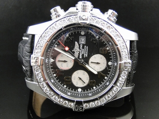 Mens 1 Row Breitling Super Avenger Aeromarine 48 MM Genuine Diamond Watch 3.5 Ct