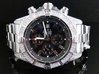 Mens XL Breitling Black Dial Genuine Diamond Stainless Steel Band Watch 2.5 Ct