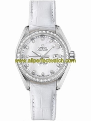 Omega Watches : 231.18.34.20.55.001 34mm Automatic Chronometer Aqua Terra White Mother Of Pearl Dial Stainless Steel Case, Diamonds With White Leather Strap Women Watch