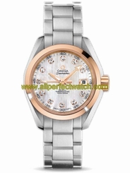 Omega Watches : 231.20.30.20.55.003 30mm Automatic Chronometer Aqua Terra White Mother Of Pearl Dial Rose Gold Case, Diamonds Stainless Steel Bracelet Women Watch