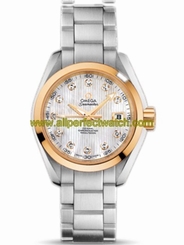 Omega Watches : 231.20.30.20.55.004 30mm Automatic Chronometer Aqua Terra White Mother Of Pearl Dial Yellow Gold Case, Diamonds With Stainless Steel Bracelet Women Watch