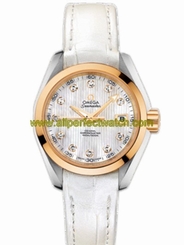 Omega Watches : 231.23.30.20.55.002 30mm Automatic Chronometer Aqua Terra White Mother Of Pearl Dial Yellow Gold Case, Diamonds With White Leather Strap Women Watch
