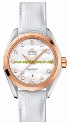 Omega Watches : 231.23.34.20.55.001 Automatic Mother of Pearl Diamond Dial 18k Rose Gold and Stainless Steel Case White Leather Women Watch