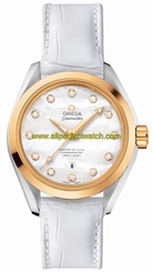 Omega Watches : 231.23.34.20.55.002 Automatic White Mother of Pearl Diamond Dial 18k Yellow Gold and Stainless Steel Case White Leather Women Watch