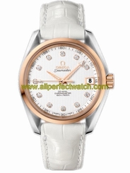 Omega Watches : 231.23.39.21.52.001 38.5mm Automatic Chronometer Aqua Terra Mid Size Teak Opaline Silver Dial Rose Gold Case, Diamonds With White Leather Strap Men Watch