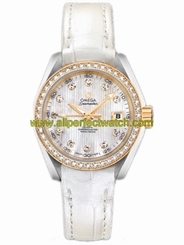 Omega Watches : 231.28.30.20.55.002 30mm Automatic Chronometer Aqua Terra Jewellery White Mother Of Pearl Dial Yellow Gold Case, Diamonds With White Leather Strap Women Watch