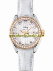 Omega Watches : 231.28.34.20.55.001 34mm Automatic Chronometer Aqua Terra Jewellery White Mother Of Pearl Dial Yellow Gold Case, Diamonds With White Leather Strap Women Watch