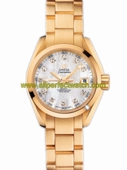 Omega Watches : 231.50.30.20.55.002 30mm Automatic Chronometer Aqua Terra White Mother Of Pearl Dial Yellow Gold Case, Diamonds With Yellow Gold Bracelet Women Watch
