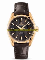 Omega Watches : 231.53.39.21.06.002 38.5mm Automatic Chronometer Aqua Terra Mid Size Teak Gray Dial Yellow Gold Case With Brown Leather Strap Men Watch