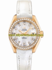 Omega Watches : 231.58.34.20.55.001 34mm Automatic Chronometer Aqua Terra White Mother Of Pearl Dial Yellow Gold Case, Diamonds With White Leather Strap Women Watch