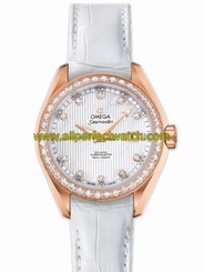 Omega Watches : 231.58.34.20.55.002 34mm Automatic Chronometer Aqua Terra White Mother Of Pearl Dial Rose Gold Case, Diamonds With White Leather Strap Women Watch