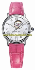 Raymond Weil Watches : 2627-STC-00965 Automatic Open Balance Wheel Mother Of Pearl Dial Steel On Leather Strap 5 Diamonds Women Watch