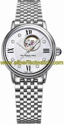 Raymond Weil Watches : 2627-ST-00994 Automatic Open Balance Wheel Mother Of Pearl Dial With Roman Relief Numerals And Set With Diamonds Women Watch