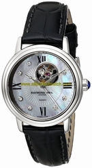 Raymond Weil Watches : 2627-STC-00994 Automatic Open Balance Wheel Mother Of Pearl Dial Steel On Leather Strap 7 Diamonds Women Watch