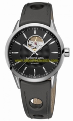 Raymond Weil Watches : 2710-STC-20021 Automatic Open Balance Wheel Black Dial Steel On Leather Strap Men Watch