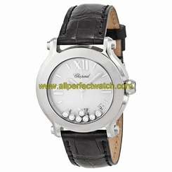 Chopard Watches : 278475-3001 Quartz White Floating Diamonds Dial Date Black Leather Women Watch